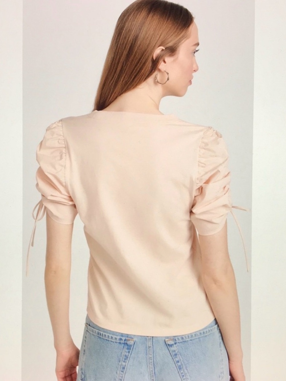 FRAME Ruched Tie Sleeve Tee Blush Pink Puff Sleeve Top XL NWT - Picture 3 of 13